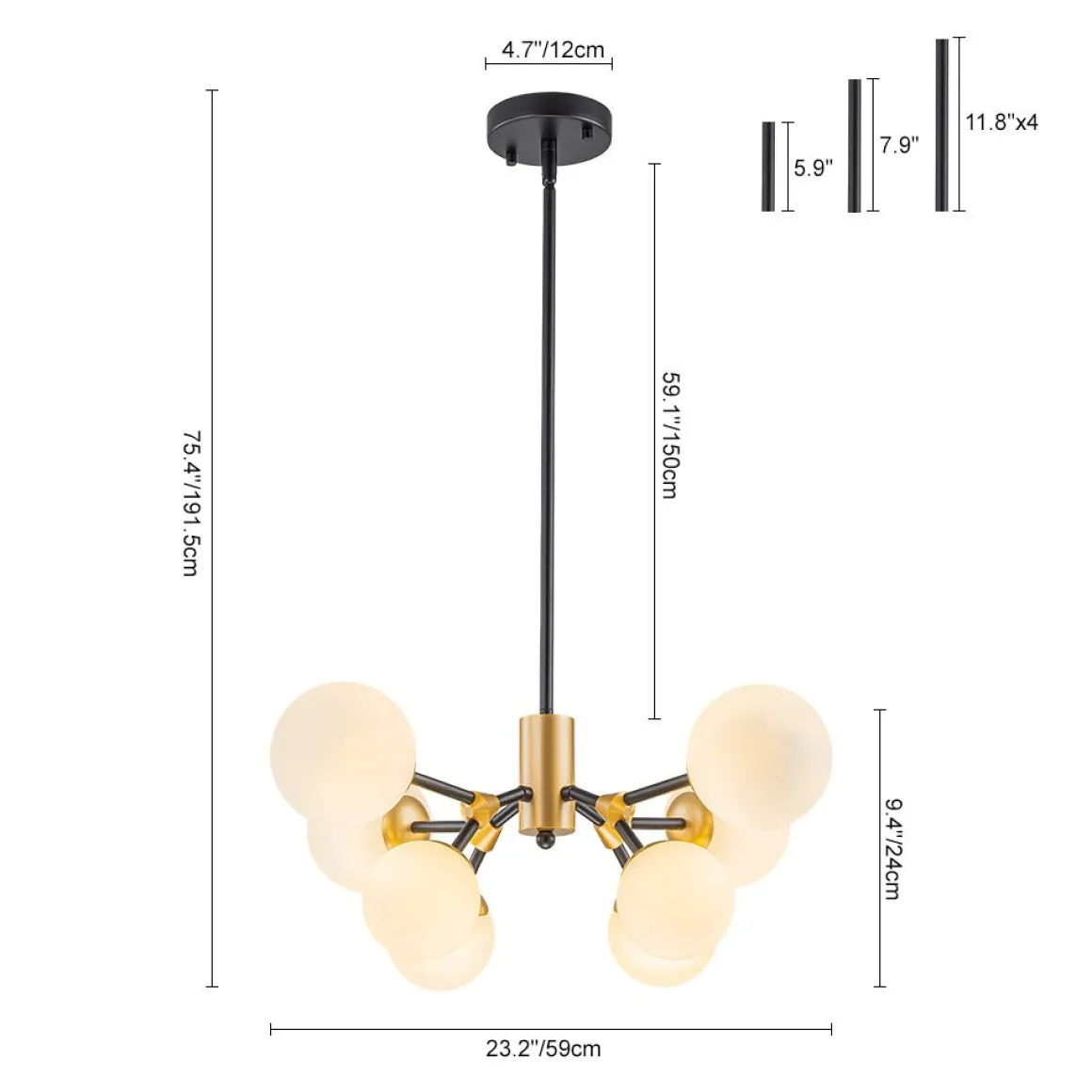 8-Light Black Brass White Glass Globe Round Sputnik Chandelier
