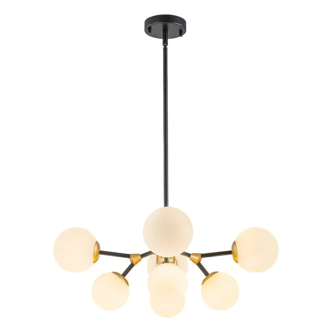 8-Light Black Brass White Glass Globe Round Sputnik Chandelier