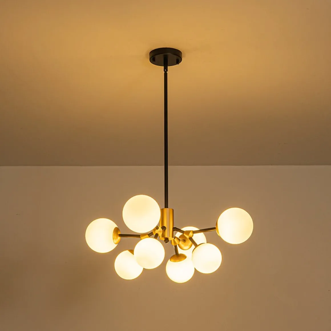 8-Light Black Brass White Glass Globe Round Sputnik Chandelier