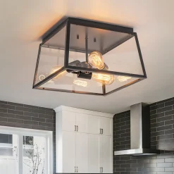 3-Light Black Square Box Clear Glass Cage Ceiling Light