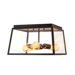3-Light Black Square Box Clear Glass Cage Ceiling Light
