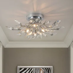 4-Light Bloom Crystal Leaf Semi Flush Mount Light