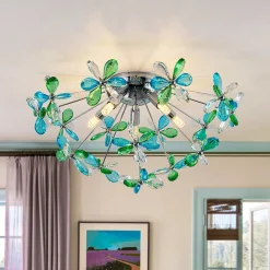 5-Light Bloom Green Blue Crystal Dandelion Semi Flush Mount