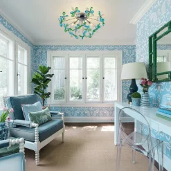 5-Light Bloom Green Blue Crystal Dandelion Semi Flush Mount