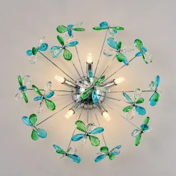 5-Light Bloom Green Blue Crystal Dandelion Semi Flush Mount