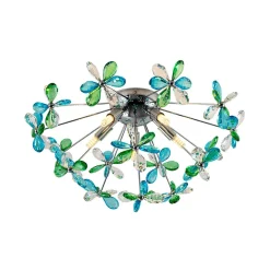 5-Light Bloom Green Blue Crystal Dandelion Semi Flush Mount