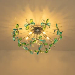 5-Light Bloom Green Blue Crystal Dandelion Semi Flush Mount