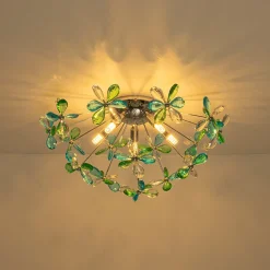 5-Light Bloom Green Blue Crystal Dandelion Semi Flush Mount