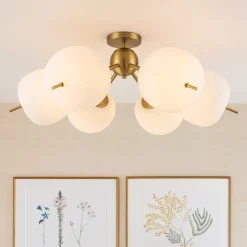 6-Light Bloom Opal Glass Globe Round Sputnik Semi Flush Mount