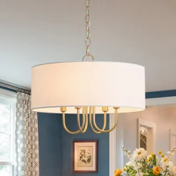 4-Light Brass Candle Style White Fabric Drum Cage Chandelier