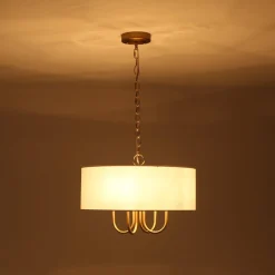 4-Light Brass Candle Style White Fabric Drum Cage Chandelier