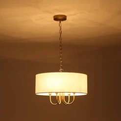 4-Light Brass Candle Style White Fabric Drum Cage Chandelier
