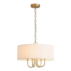 4-Light Brass Candle Style White Fabric Drum Cage Chandelier