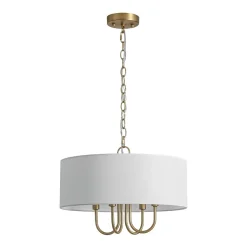 4-Light Brass Candle Style White Fabric Drum Cage Chandelier