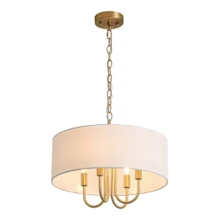 4-Light Brass Candle Style White Fabric Drum Cage Chandelier