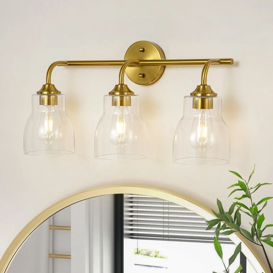 3-Light Brass Clear Glass Bell Vanity Wall Sconce