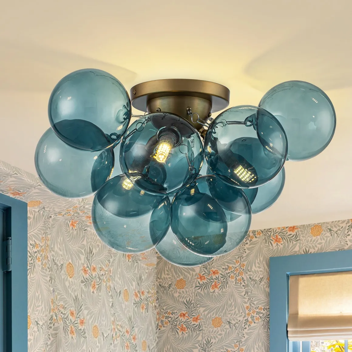 3-Light Brass Cluster Blue Glass Globe Bubble Ceiling Light