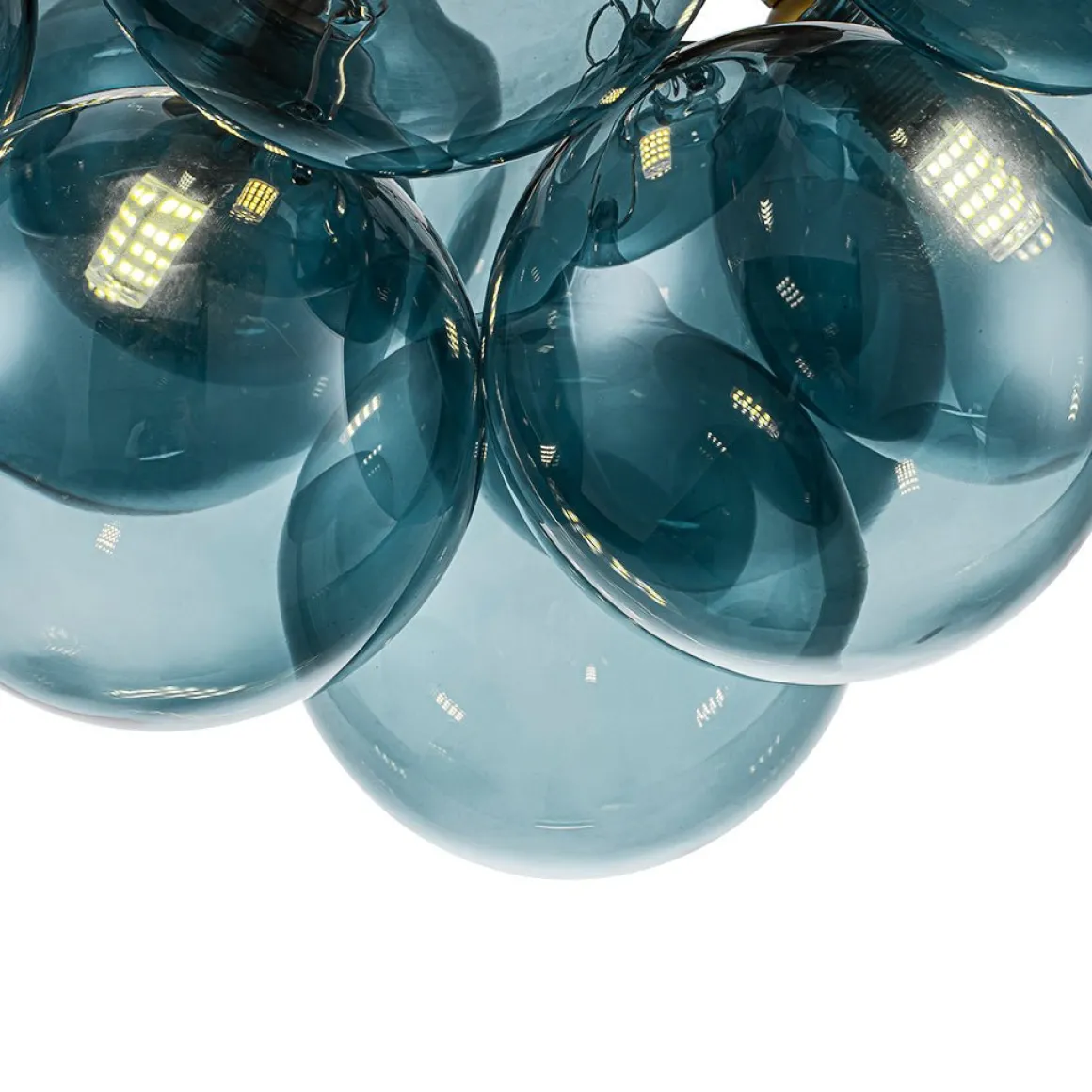 3-Light Brass Cluster Blue Glass Globe Bubble Ceiling Light