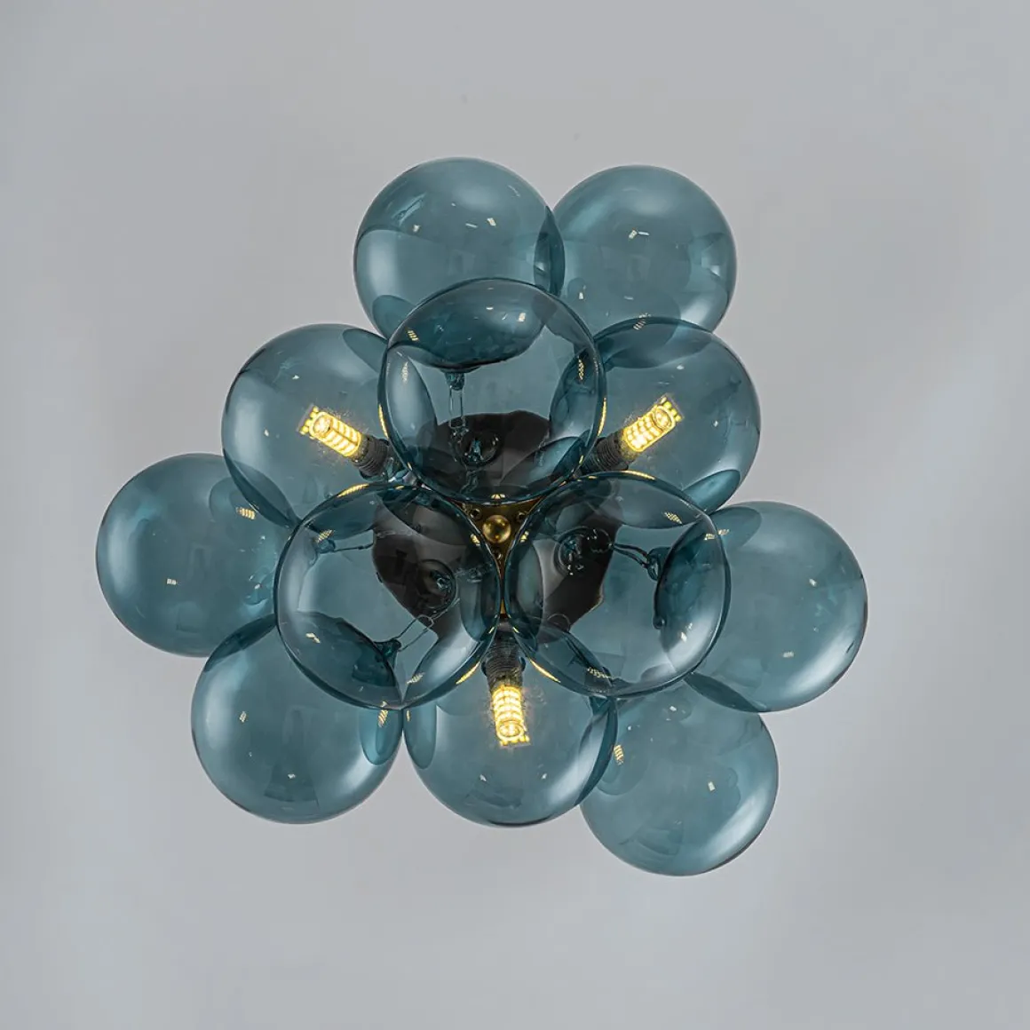 3-Light Brass Cluster Blue Glass Globe Bubble Ceiling Light