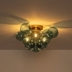 3-Light Brass Cluster Blue Glass Globe Bubble Ceiling Light