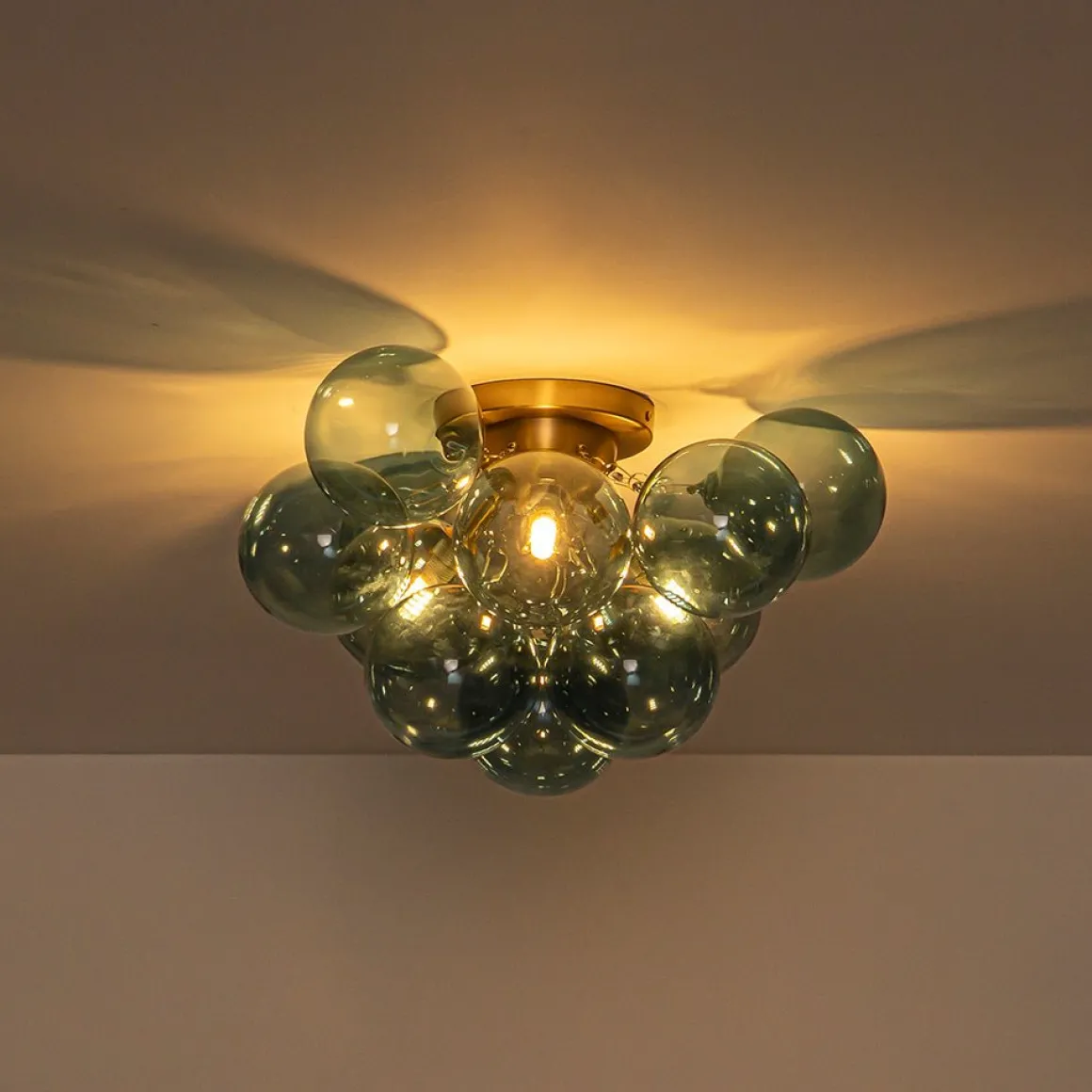 3-Light Brass Cluster Blue Glass Globe Bubble Ceiling Light