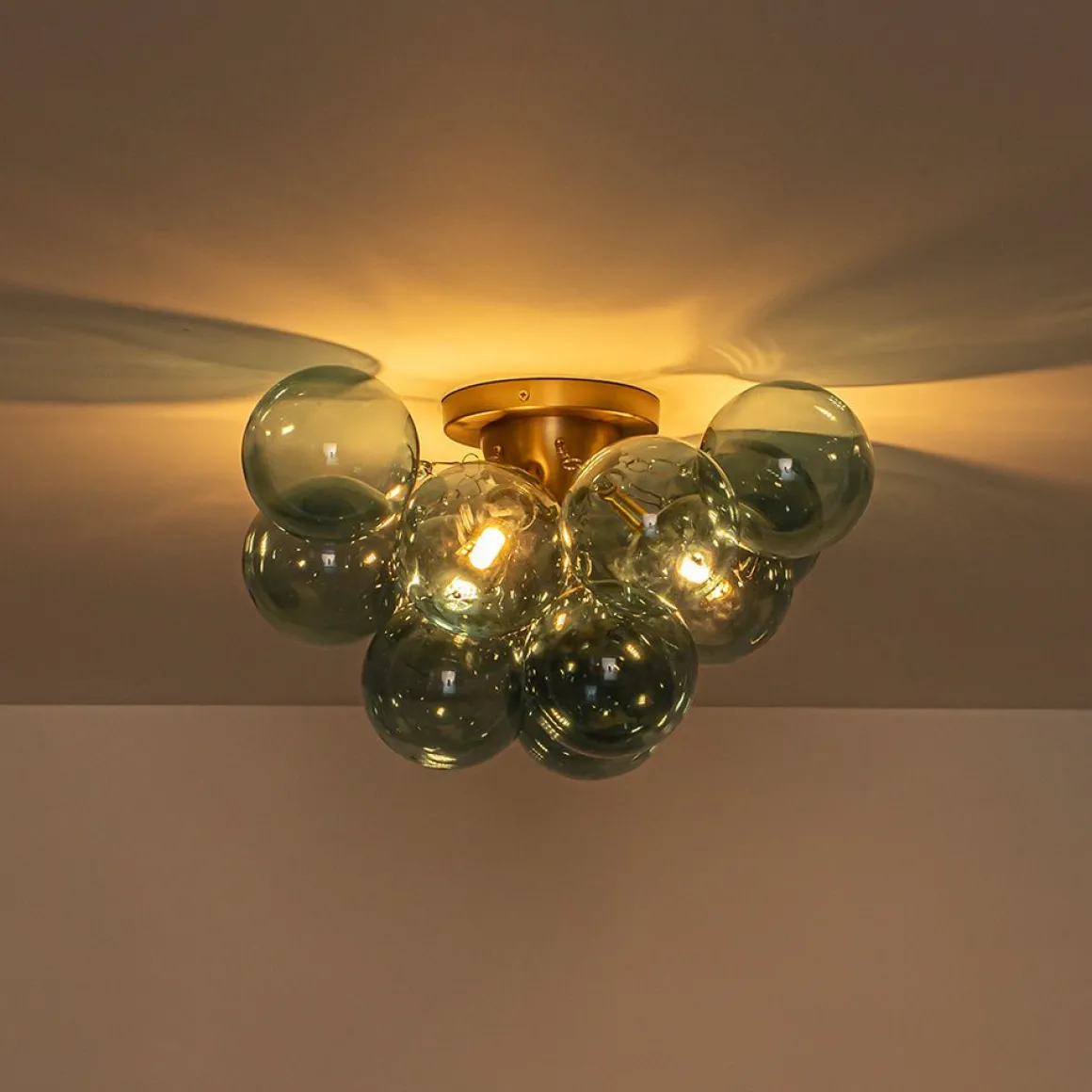 3-Light Brass Cluster Blue Glass Globe Bubble Ceiling Light