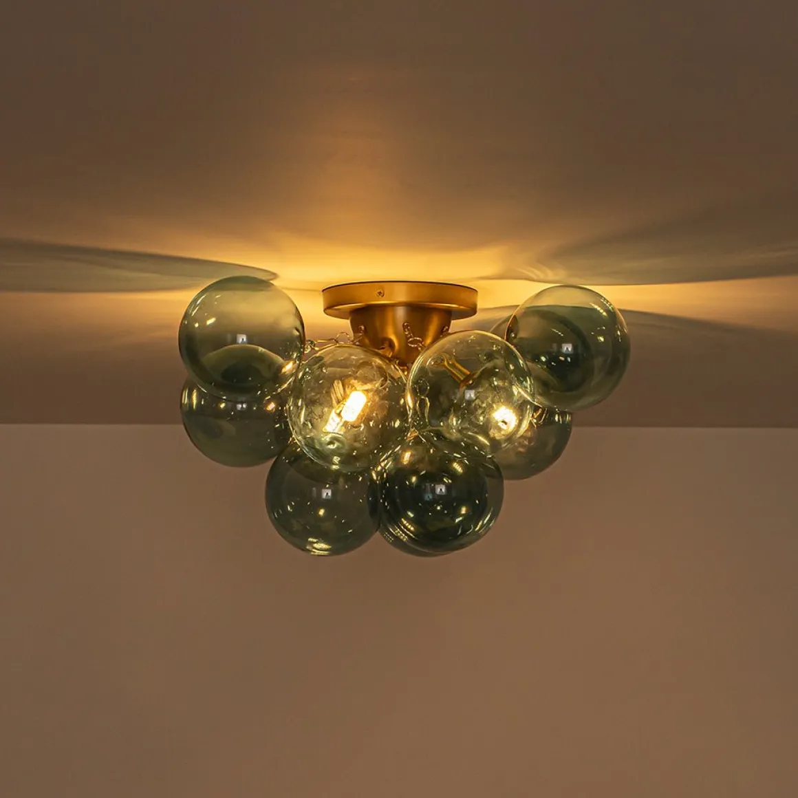 3-Light Brass Cluster Blue Glass Globe Bubble Ceiling Light