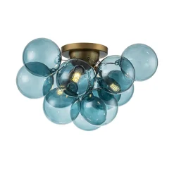 3-Light Brass Cluster Blue Glass Globe Bubble Ceiling Light