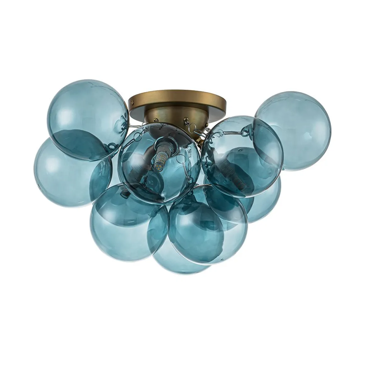3-Light Brass Cluster Blue Glass Globe Bubble Ceiling Light