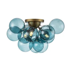 3-Light Brass Cluster Blue Glass Globe Bubble Ceiling Light