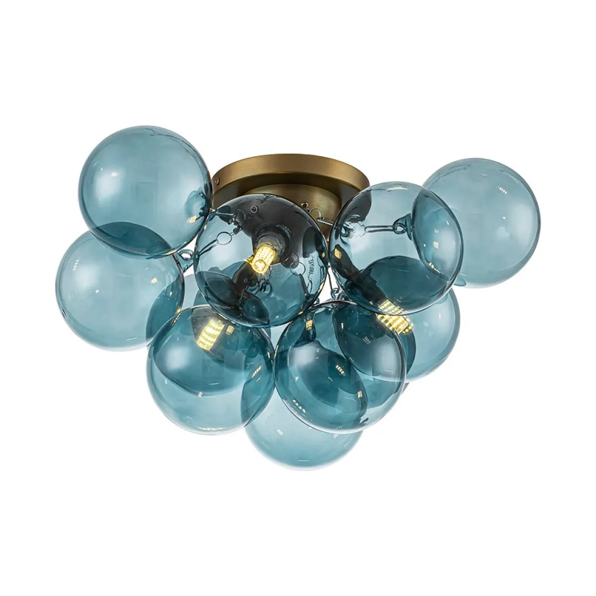 3-Light Brass Cluster Blue Glass Globe Bubble Ceiling Light