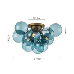 3-Light Brass Cluster Blue Glass Globe Bubble Ceiling Light