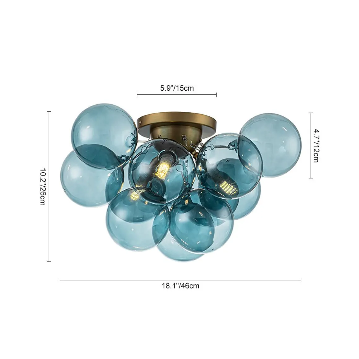 3-Light Brass Cluster Blue Glass Globe Bubble Ceiling Light