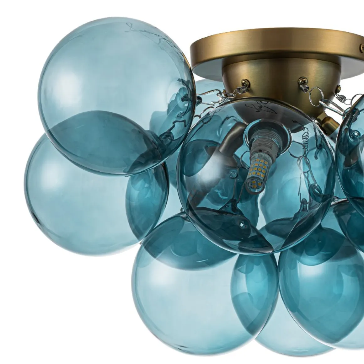 3-Light Brass Cluster Blue Glass Globe Bubble Ceiling Light