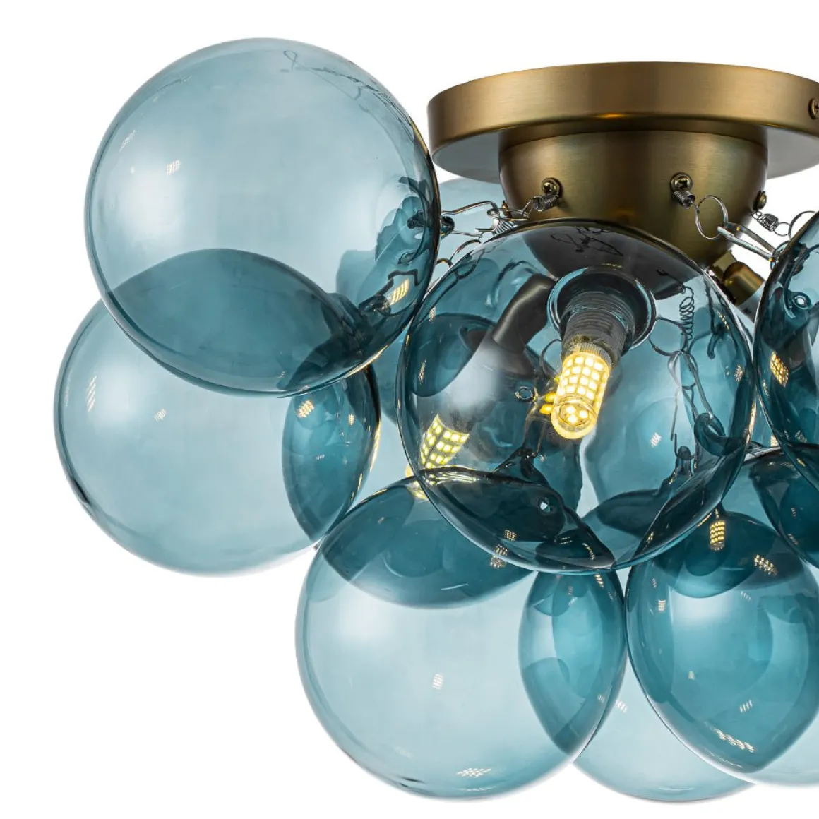 3-Light Brass Cluster Blue Glass Globe Bubble Ceiling Light