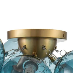 3-Light Brass Cluster Blue Glass Globe Bubble Ceiling Light