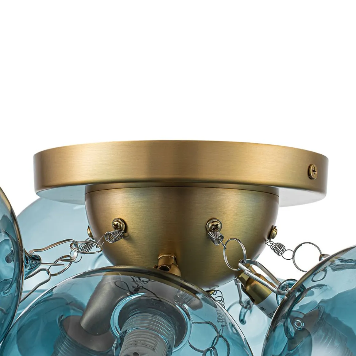 3-Light Brass Cluster Blue Glass Globe Bubble Ceiling Light
