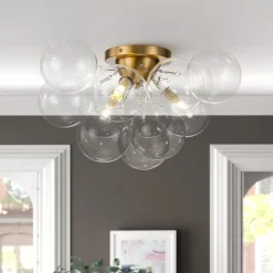 3-Light Brass Cluster Clear Glass Globe Bubble Ceiling Light