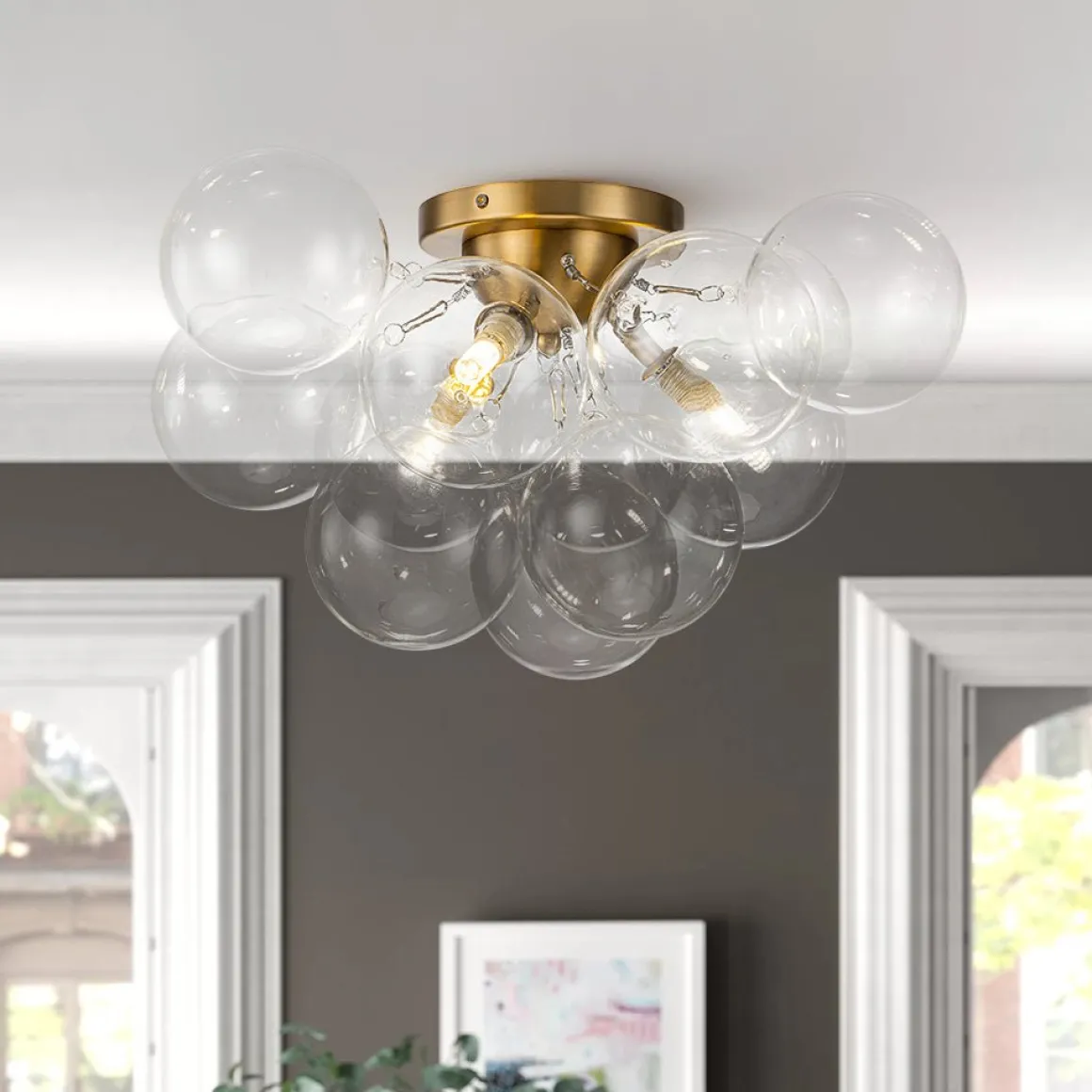 3-Light Brass Cluster Clear Glass Globe Bubble Ceiling Light