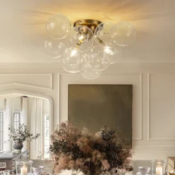 3-Light Brass Cluster Clear Glass Globe Bubble Ceiling Light