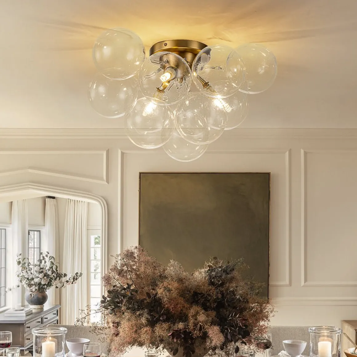 3-Light Brass Cluster Clear Glass Globe Bubble Ceiling Light