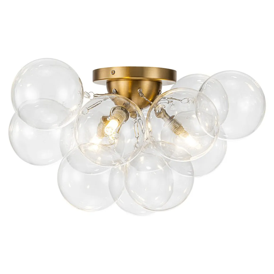 3-Light Brass Cluster Clear Glass Globe Bubble Ceiling Light