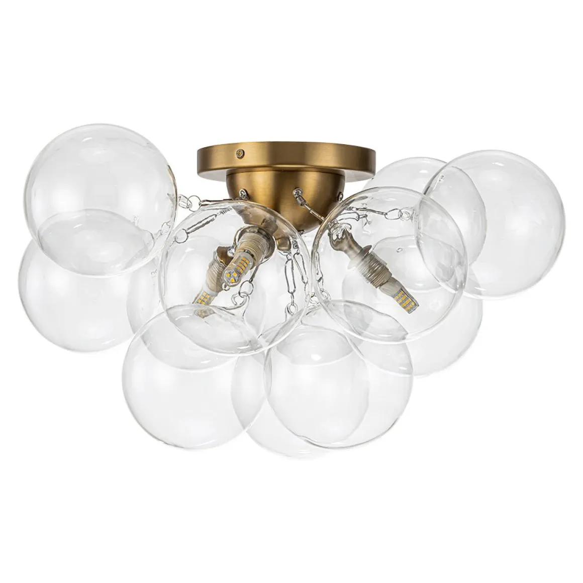 3-Light Brass Cluster Clear Glass Globe Bubble Ceiling Light