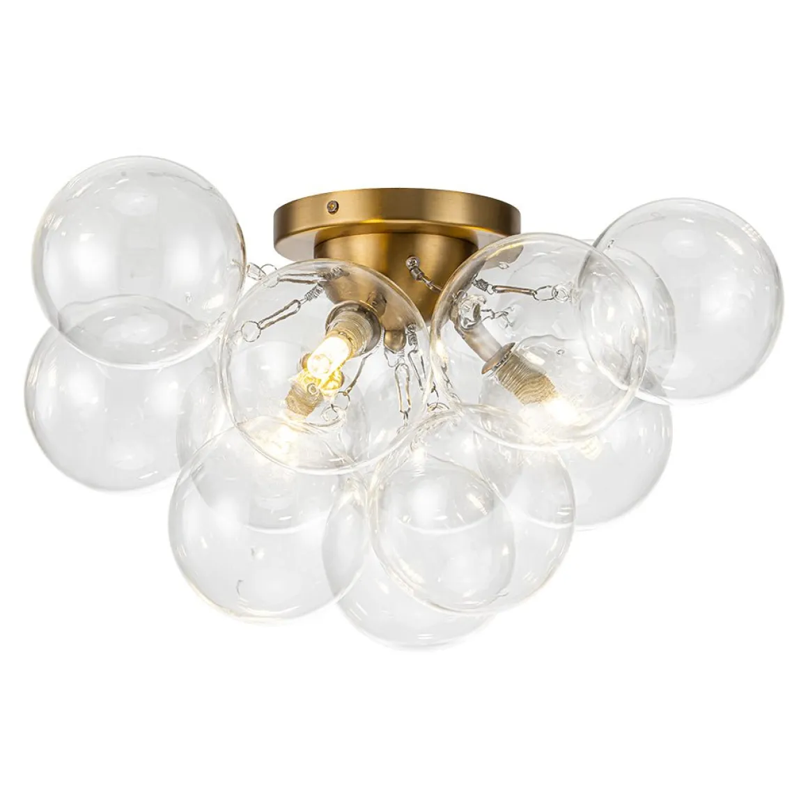 3-Light Brass Cluster Clear Glass Globe Bubble Ceiling Light