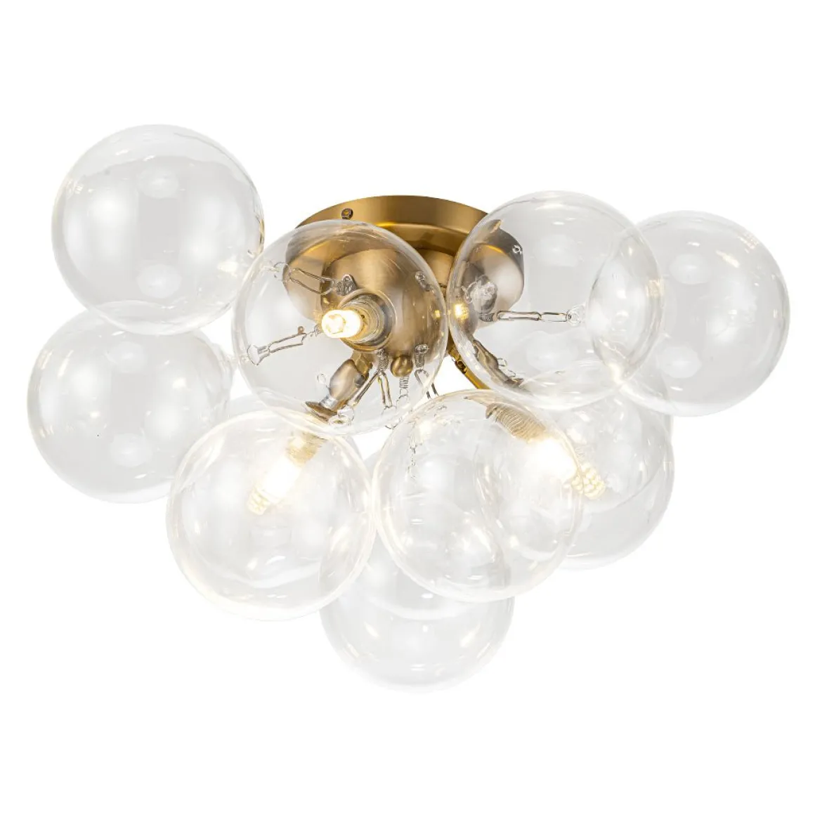 3-Light Brass Cluster Clear Glass Globe Bubble Ceiling Light