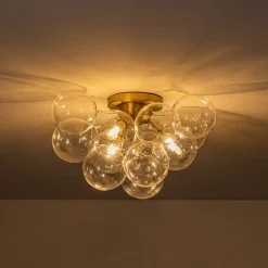 3-Light Brass Cluster Clear Glass Globe Bubble Ceiling Light