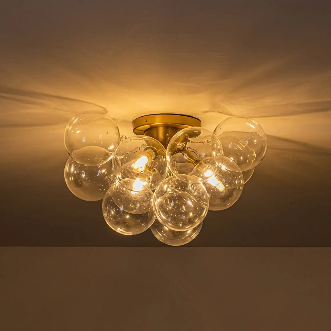 3-Light Brass Cluster Clear Glass Globe Bubble Ceiling Light