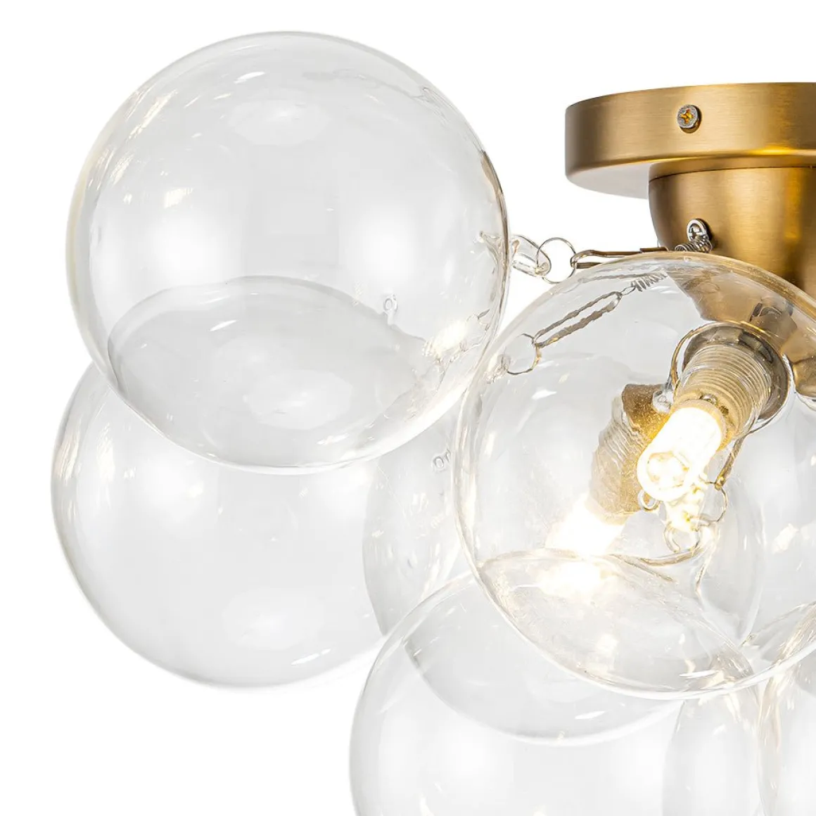 3-Light Brass Cluster Clear Glass Globe Bubble Ceiling Light