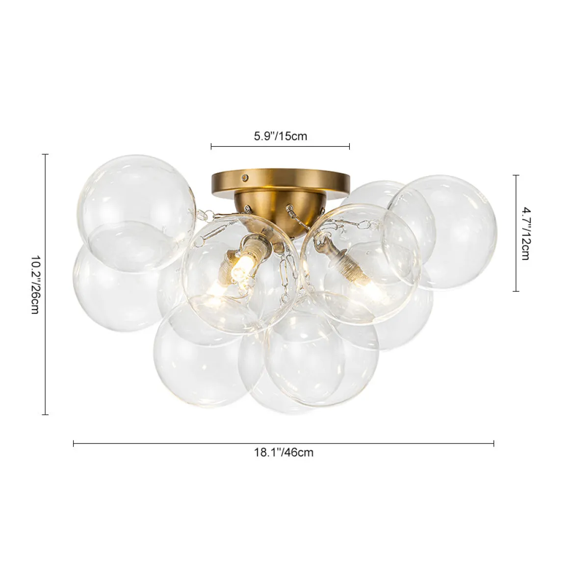 3-Light Brass Cluster Clear Glass Globe Bubble Ceiling Light