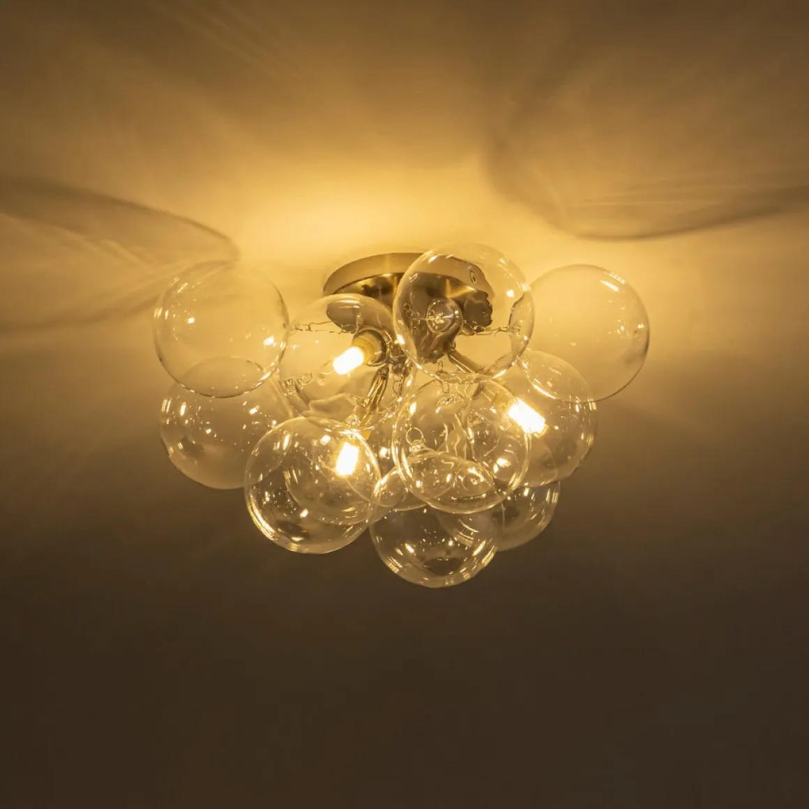 3-Light Brass Cluster Clear Glass Globe Bubble Ceiling Light